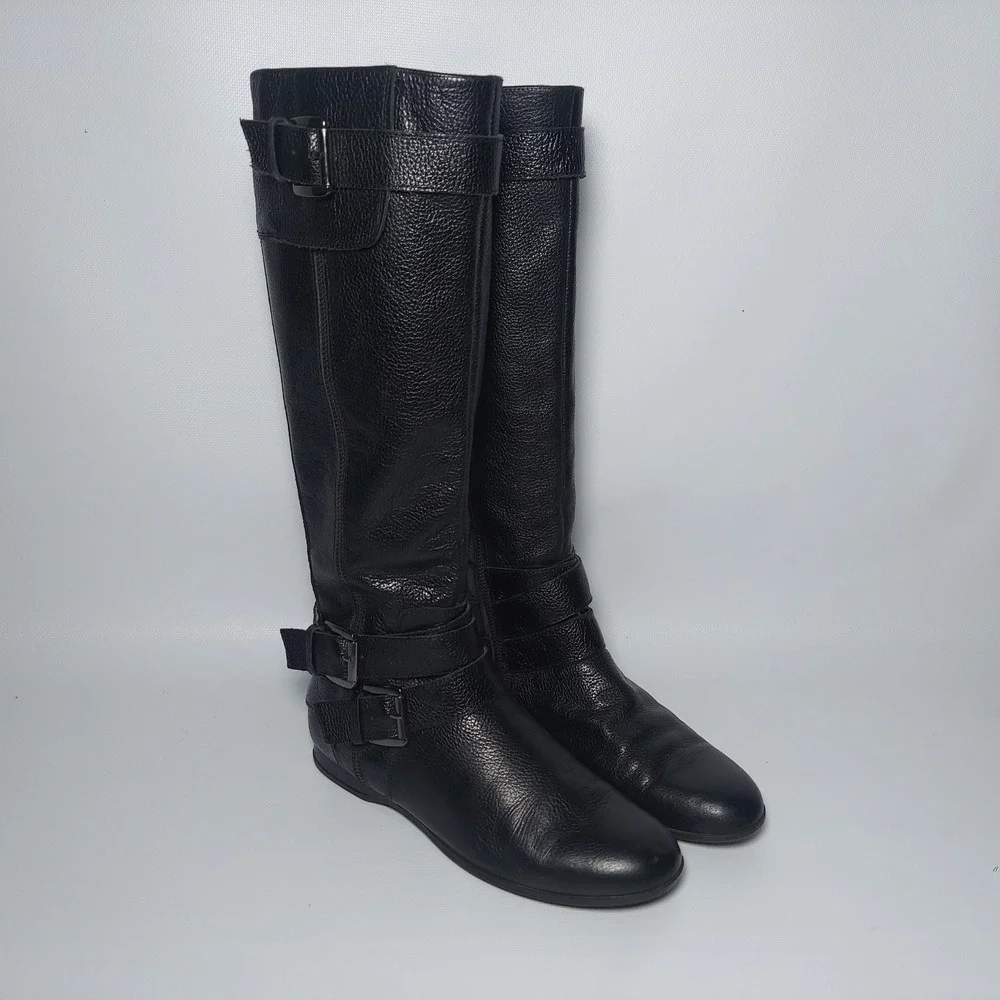 Enzo Angiolini Leather Boots Women 7.5 Black Calf High Riding Buckle Zip Fashion